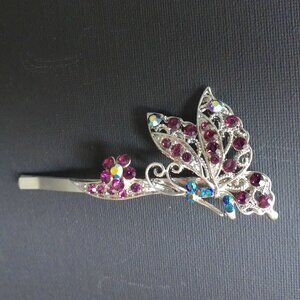 Butterfly Hair Clip, Silver color, Purple and blue rhinestone, shiny crystals